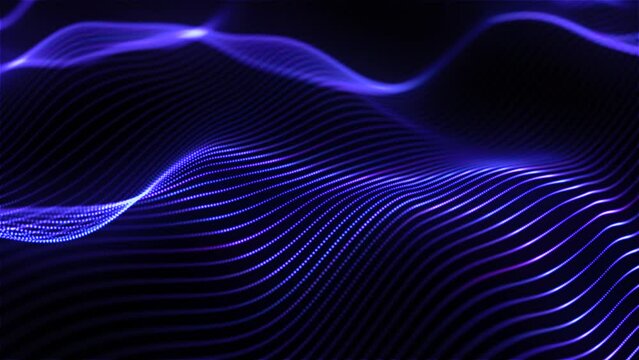 Blue 3D sound waves in motion. Big data, digital music or neural network abstract concept. Waves of information or graphic equalizer. Glowing blue pixels on surface of sound waves, seamless loop 4K
