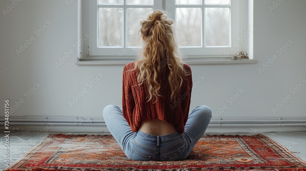Poster Mockup, template for your text, clipping paths included for screen. Panoramic image with empty copy space. Woman sitting on floor on white background using laptop on blank screen. Mockup, template for