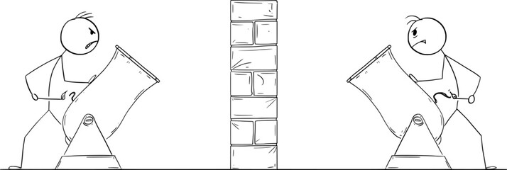 Fighting or Duel with Guns, Vector Cartoon Stick Figure Illustration