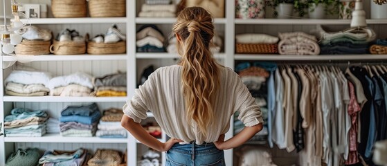 Fototapeta na wymiar View from behind Beautiful woman with long hair standing in well organized wardrobe surrounded by clothing, embodying style and elegance in a closet setting