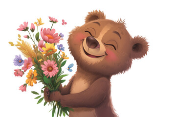 happy little bear with a charming smile, clutching a bouquet of wildflowers in his hands, evoking a feeling of beauty and the arrival of the March 8 holiday on a white background.
