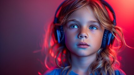 Studio shot of a young boy listening to music under neon lights. A portrait of the child with headphones against a red and purple background.