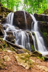 waterfall skakalo among primeval beech forest of carpathian mountains in spring. lush water stream out of the rock