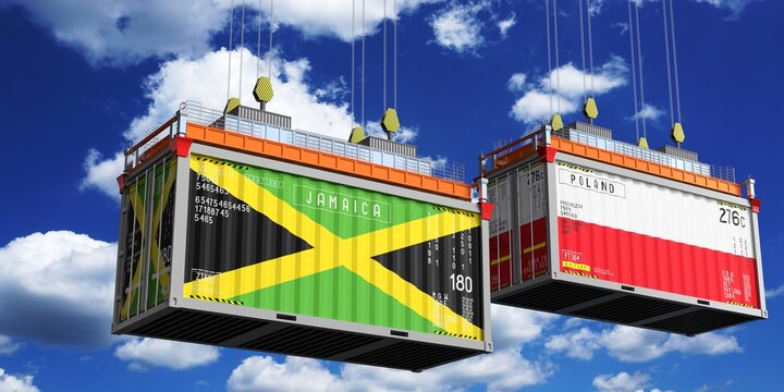 Shipping containers with flags of Jamaica and Poland - 3D illustration