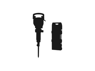 Jackhammer silhouette icon. Working construction and repair tools, equipment, shovel and drill black silhouettes. jackhammer with pieces of stones vector icon isolated on white background.