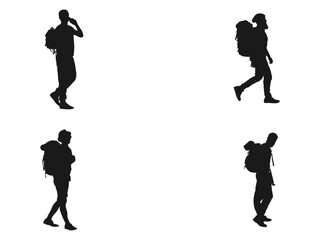 silhouettes of man standing, walking and showing hand and map and backpack in different poses. Backpack on back. vector illustration isolated on white background.