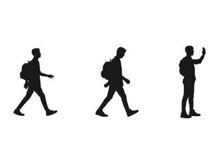 Fototapeta na wymiar Set of vector realistic silhouettes of man standing, walking and showing hand and map and backpack in different poses. Backpack on back. vector illustration isolated on white background.