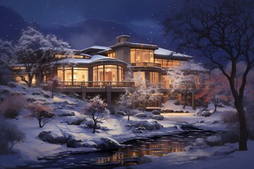 Contemporary romance in architecture, rooms aglow with warm lights against a snowy canvas, a joyful celebration of nature's stark beauty.