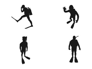 Fototapeta na wymiar scuba divers Black silhouette icon. Sport underwater, lake, sea, glove and flashlight, mask and snorkel. Vector drawing of a collection of silhouettes. vector illustration isolated on white background