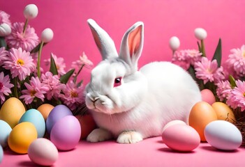 Naklejka na ściany i meble Red Eyed White Easter Bunny with Colorful Easter Eggs and flowers with pink background, Happy Easter