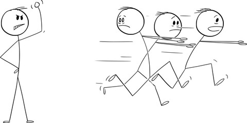 Group of Weak Men Running Away in Fear From Strong Person, Vector Cartoon Stick Figure Illustration - 734852957