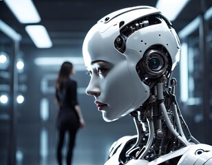 humanoider Roboter im Labor mit Frau im Hintergrund, künstliche Intelligenz, Lampen, beleuchteter Flur, Roboter, Science-Fiction