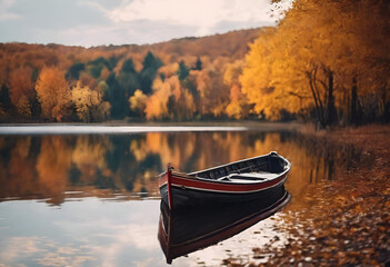 Barque en bois au bord d'un lac en automne