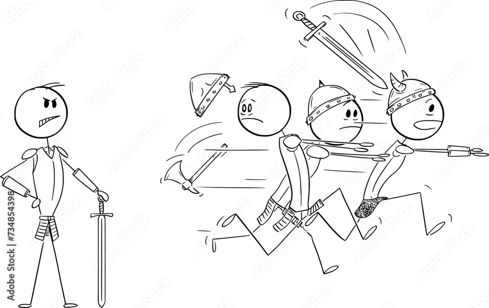 Poster Group of Weak Men Running Away in Fear From Strong Warrior, Vector Cartoon Stick Figure Illustration