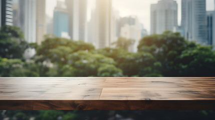 Empty wood table top and blur glass window wall building banner mock up abstract background - obrazy, fototapety, plakaty