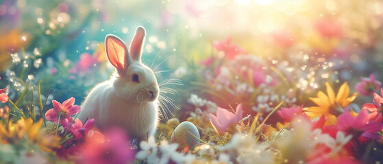 Fototapeta na wymiar Beautiful Easter background, cute bunny in the meadow with Easter eggs