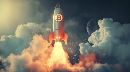 Rocket with bitcoin sign on it going to the moon, symbol of bull market in cryptocurrencies environment - obrazy, fototapety, plakaty