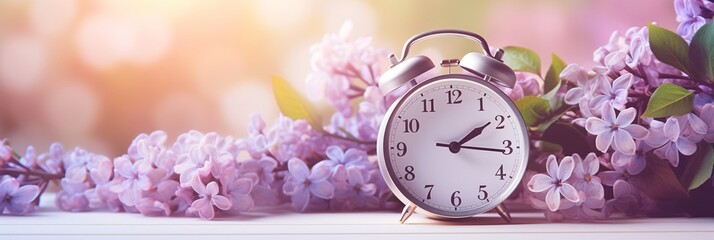 a clock next to purple flowers - Powered by Adobe