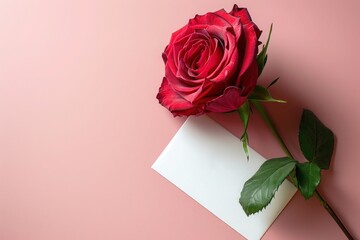 Vibrant red rose with a blank white card for a personalized message.
