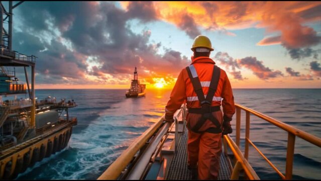 Close-up of an Offshore oil rig worker walking to an oil and gas facility to work in the process area 
