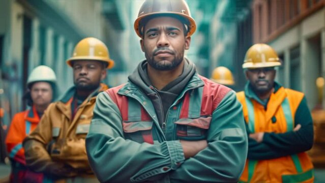 A handful of confident construction workers in safety gear stood with their arms crossed. It shows teamwork and professionalism in the industry.