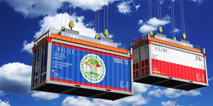 Shipping containers with flags of Belize and Poland - 3D illustration