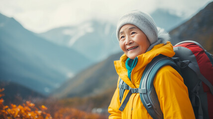 Old asian woman hiking on a mountain