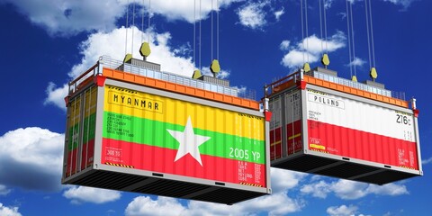 Shipping containers with flags of Myanmar and Poland - 3D illustration