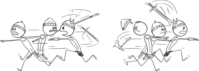 Two Groups of Warriors or Knights Running Away From Each Other, Vector Cartoon Stick Figure Illustration