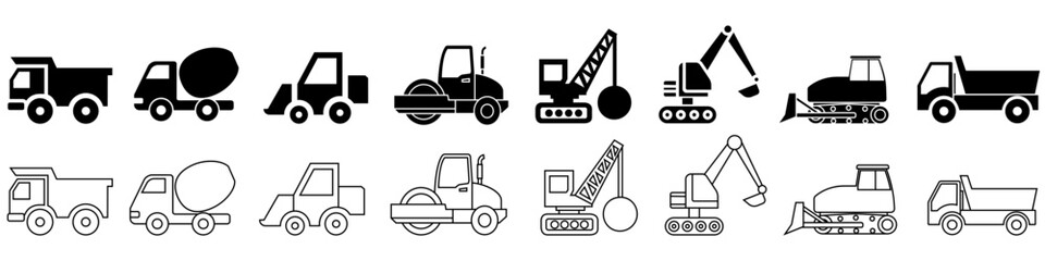 Construction machines icon vector set. Construction illustration sign collection. Truck symbol or logo.