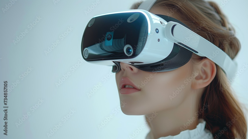 Poster caucasian woman using vr headset and looking up in virtual reality on gray background.