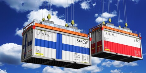 Shipping containers with flags of Finland and Poland - 3D illustration