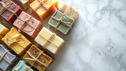 Obraz na płótnie Canvas Assorted handmade soap bars on a marble surface, spa and hygiene concept.