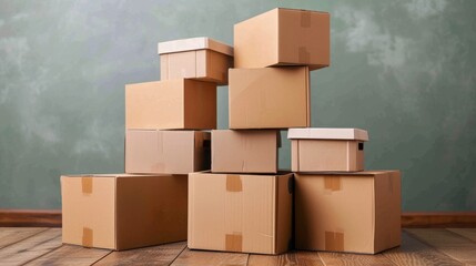 Pile of cardboard boxes in an indoor setting with a textured wall, representing moving, storage, or delivery services.