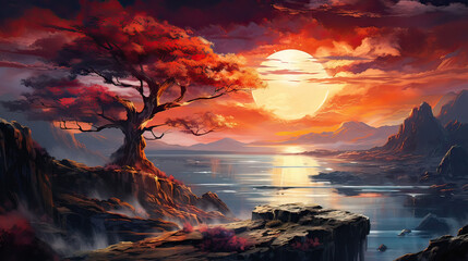 A grand and expansive sunset backdrop, vibrant hues and artistic elements to a captivating scene Ai Generative