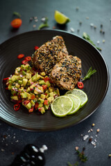 pieces of Organic grilled Tuna fillet covered with sesame seeds and salsa on black ceramic plate