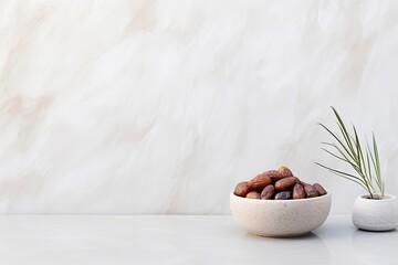 a bowl with dates and palm leaf on a white stone background, in the style of pretty, synthetism-inspired, minimalist backgrounds, captivating with ai generative