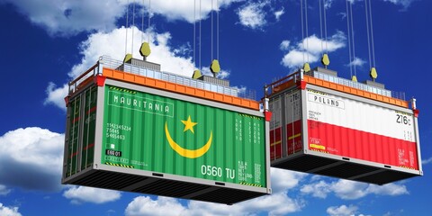 Shipping containers with flags of Mauritania and Poland - 3D illustration