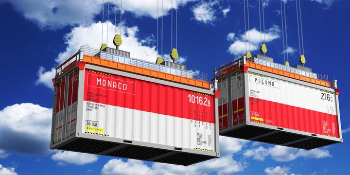 Shipping containers with flags of Monaco and Poland - 3D illustration
