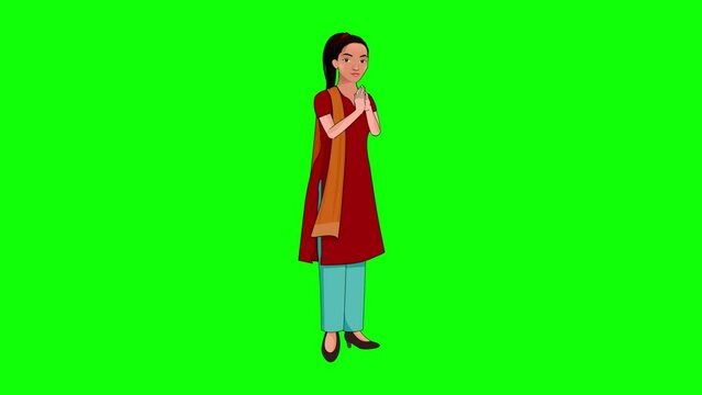Girl Character Smiling Doing Namaste - girl greeting Green Screen
