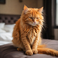 Ginger tabby cat lies on the bed in soft morning light, paw folded. Beautiful cozy cat. Home pets.

