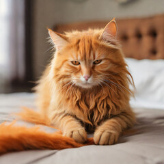 Ginger tabby cat lies on the bed in soft morning light, paw folded. Beautiful cozy cat. Home pets.
