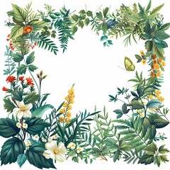 Tropical Floral Frame with Lush Greenery and Vibrant Flowers