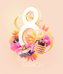 March 8 international women's day. Big 3D number with flowers, gifts and ribbon. Vector greeting card design.