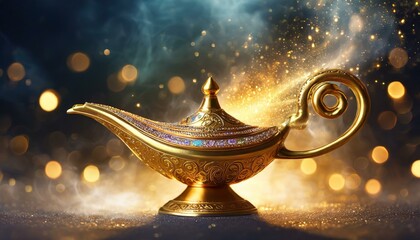 magic Alladin lamp on the dark shiny glowing background
 