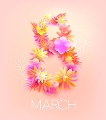 March 8 international women's day. Number eight of spring flowers. Bright greeting card design.