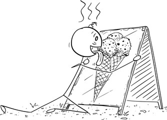 Obraz premium Overheated Person Licking Sign with Ice Cream Picture, Vector Cartoon Stick Figure Illustration