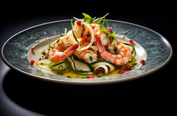 shrimp and zucchini marinated in lemon juice with vegetables on side plate