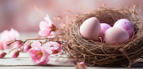 Fototapeta na wymiar three eggs on a nest with pink flowers