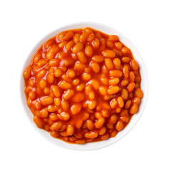 White plate of baked beans in tomato sauce isolated on transparent or white background, png
